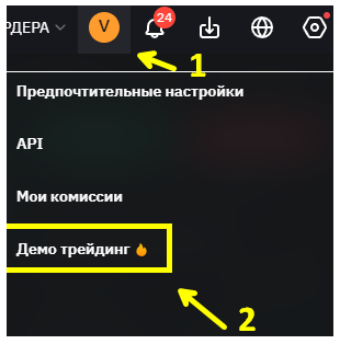 Меню пользователя с выбором Демо трейдинг