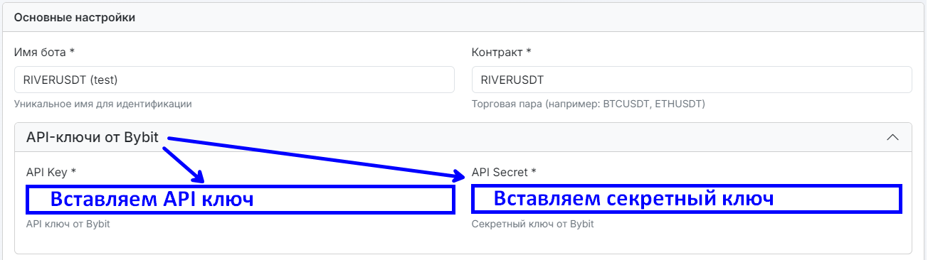 Поля API Key и Secret в форме создания бота
